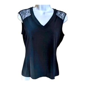 Calvin Klein Navy Blouse w/ Lace Cap Shoulders